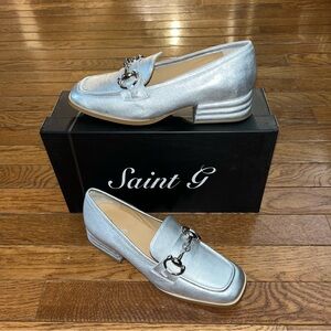 Saint G Leather Jenny Loafers Metallic Silver Women’s 6 Hardware Penny Strap